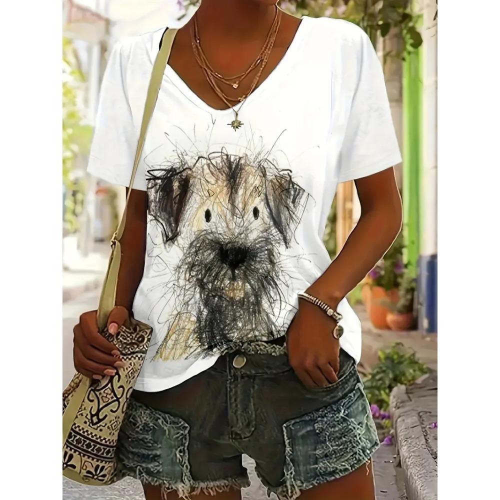 Trendy Summer Cartoon Animal Printing Casual Fashion Short Sleeve Street V-neck Women's OverSize Clothing