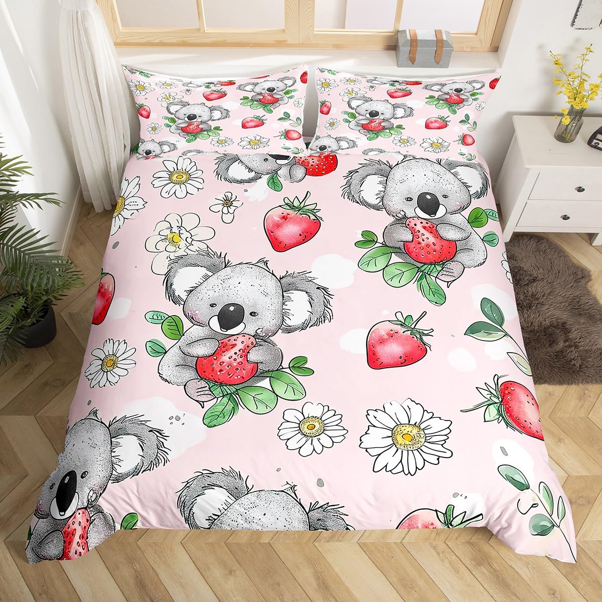 Comfortable Cartoon Koala Pattern Duvet Cover Set With Duvet Cover And Pillowcases King Queen Twin Sizes For All Ages EU Single(135x200cm)