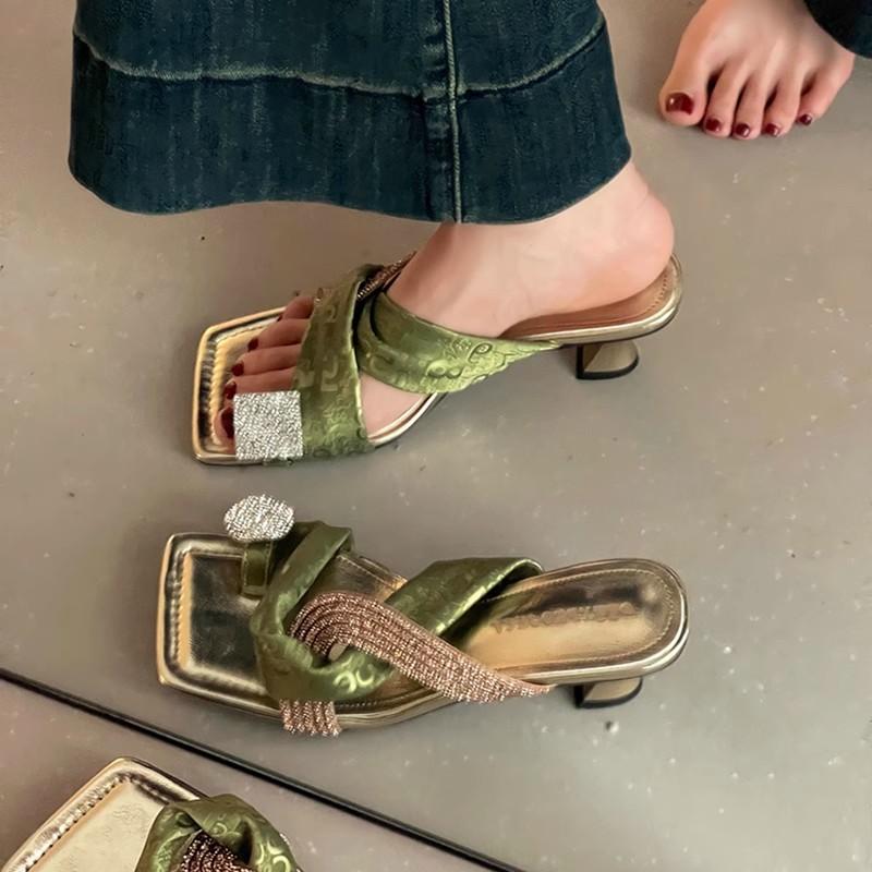 Cross-strap women's square head slippers outer wear summer new Internet celebrities popular temperament versatile open-toed high-heeled cool slippers