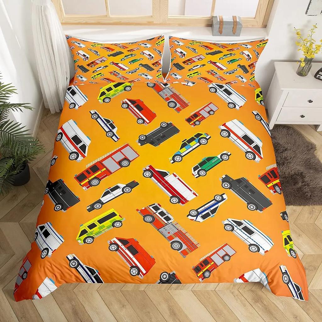 Comforter Ambulance Car King Queen White Cartoon Medical Car Bedding Set For Kid Hospital Rescue Vehicle Polyester