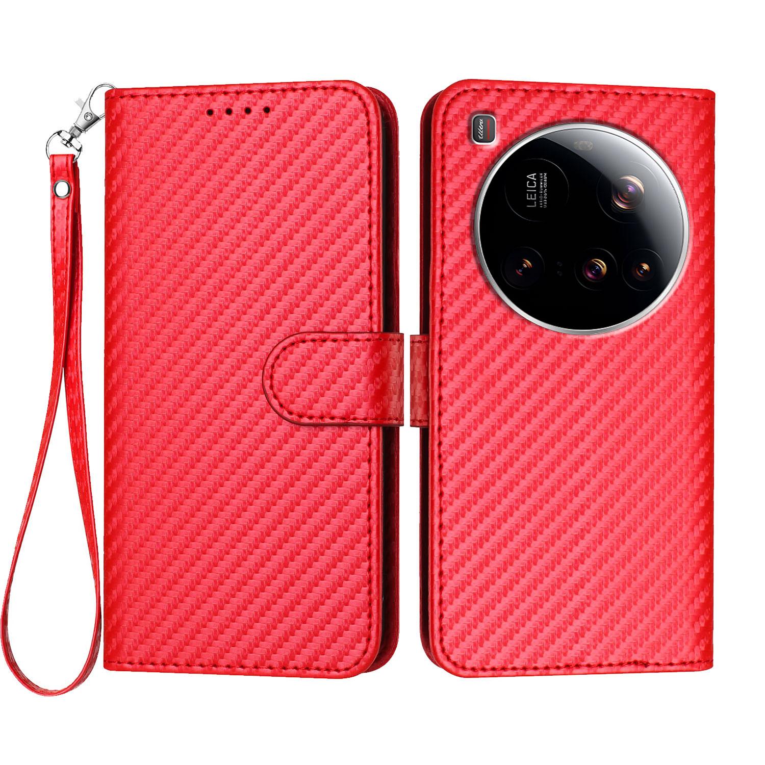 

For Xiaomi 15 Ultra Wallet Case with Strap Carbon Fiber Texture Leather Mobile Cover Red