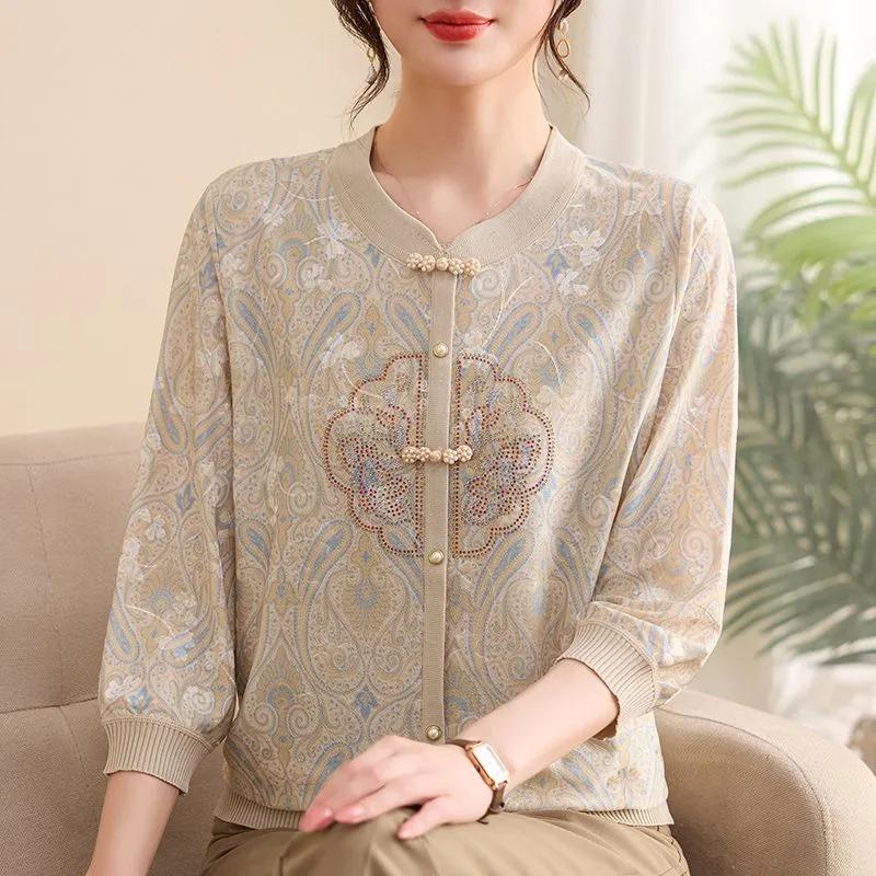 Womens Chinese Style Knit Blouse Floral Print 3/4 Sleeve Button Down Casual Top
