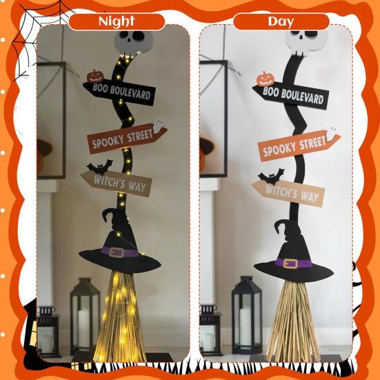 Halloween Wood Witch Broom Porch Sign Spooky Halloween Witch Broomstick for Indoor Outdoor Porch Yard Home Decor