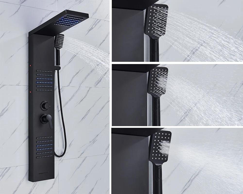 

Цифровой дисплей Душевой смеситель для дождя Ванная СПА Массажный душ Черная светодиодная подсветка Душевая панель с ручным душем Смеситель с биде-лейкой