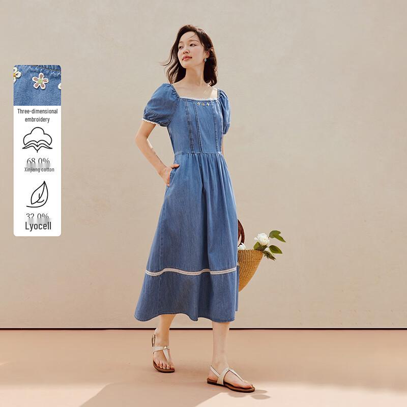 

INMAN Tencel Cotton Lace Square Neck Denim Dress S