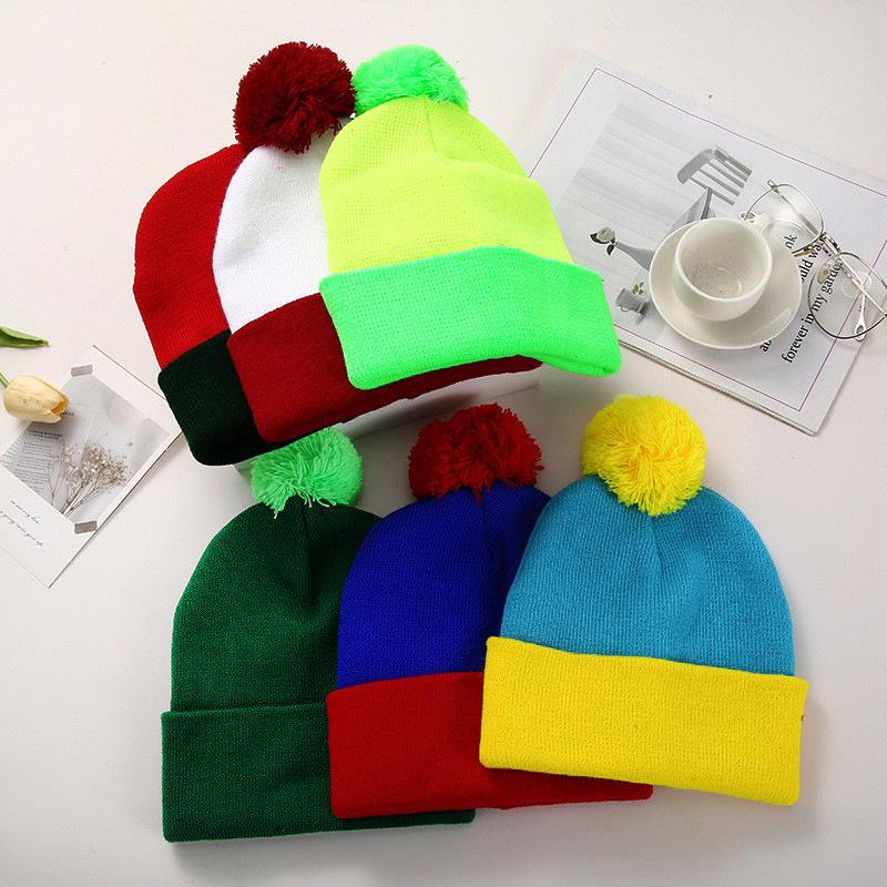 European & American Color Block Pom Pom Knit Hat for Autumn/Winter - Red & White Halloween Edition