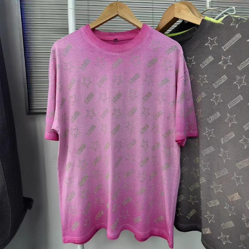 Women's Summer Round-neck Short-sleeved T-shirt Heavy Diamond Ironing Washed and Aged Loose Top