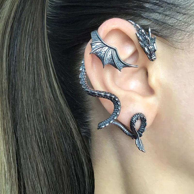 1pair Gothic Dragon Stud Wrap Earrings Left Right Gold Color Woman Retro Personality Design Animal New Female Ear Ornament Jewelry