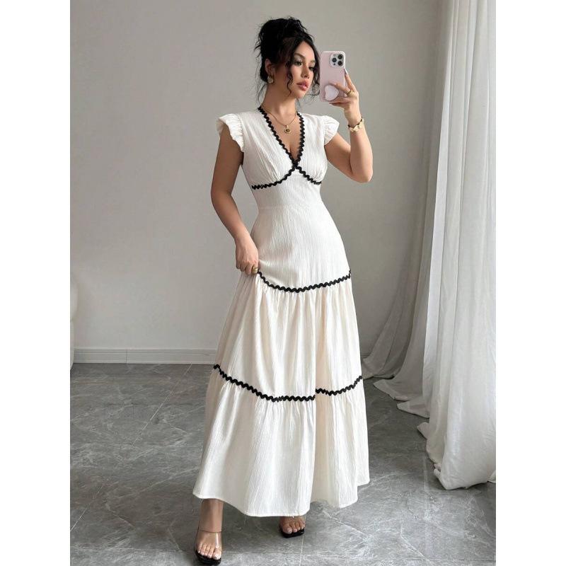 European French temperament elegant ruffle leaf edge flying sleeves wavy edge contrasting color V-neck dress women S абрикосовый