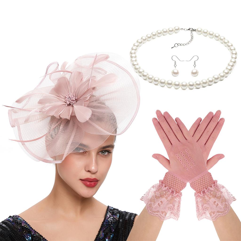 4IN1 Costume Tulle Hair Accessories Fascinator Hat Gloves Necklace Set For Equestrian Event Formal Occasion Dressingup