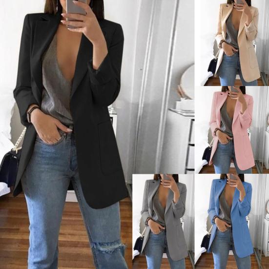 Fashion Women Solid Color Open Front Pockets Jacket Coat Long Office Blazer
