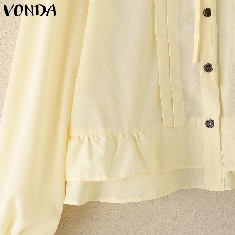 VONDA Women Lace Lapel Neck Long Sleeve Ruffled Pleating Casual Elegant Blouse
