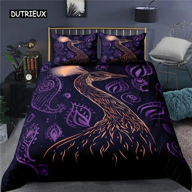 Peacock Duvet Cover Plum Blossom Decor Bedding Set King Size Crane Peacock Feather Floral Pattern Romantic Polyester Quilt Cover  Three-piece Set