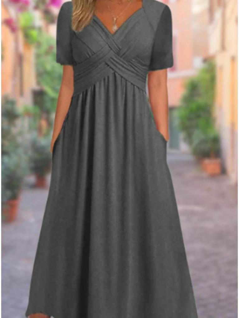2026 Spring Solid Color V-Neck Short Sleeve Pocket Dress for Women