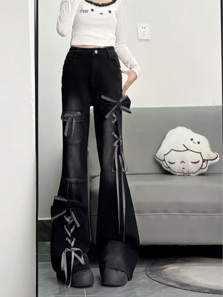 Hot Girl Black Bow Tie Lace-Up Flare Jeans - Women's Micro-Flare Winter Design 2025