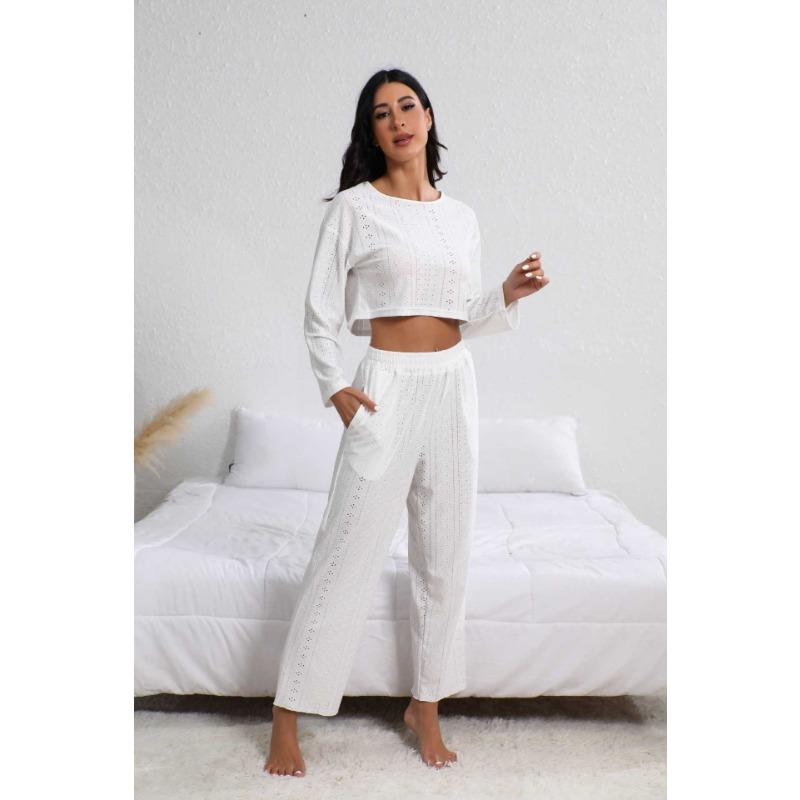 Spring Autumn Solid Color Simple Fashion Long Sleeve Crop Top Loose Casual Elastic Waist Pants Suit Women Set