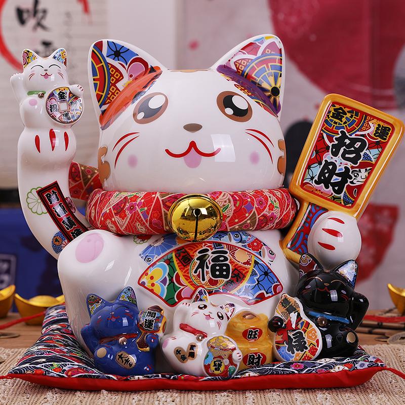 9 Inch Ceramic Maneki Neko Money Box Lucky Fortune Cat Figurine Coin Bank Home Decoration Kitten Ornament Business Gift