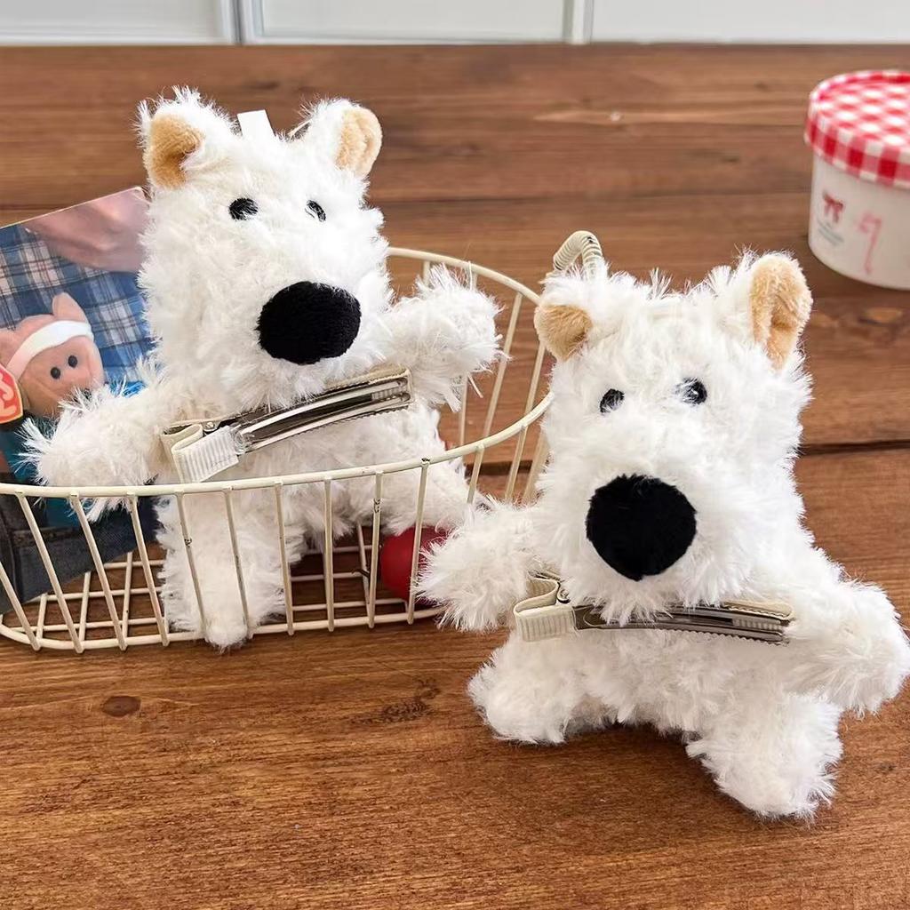 Large white plush dog clip cartoon bangs, side clip trendy toy doll machine store, soft and cute doll
