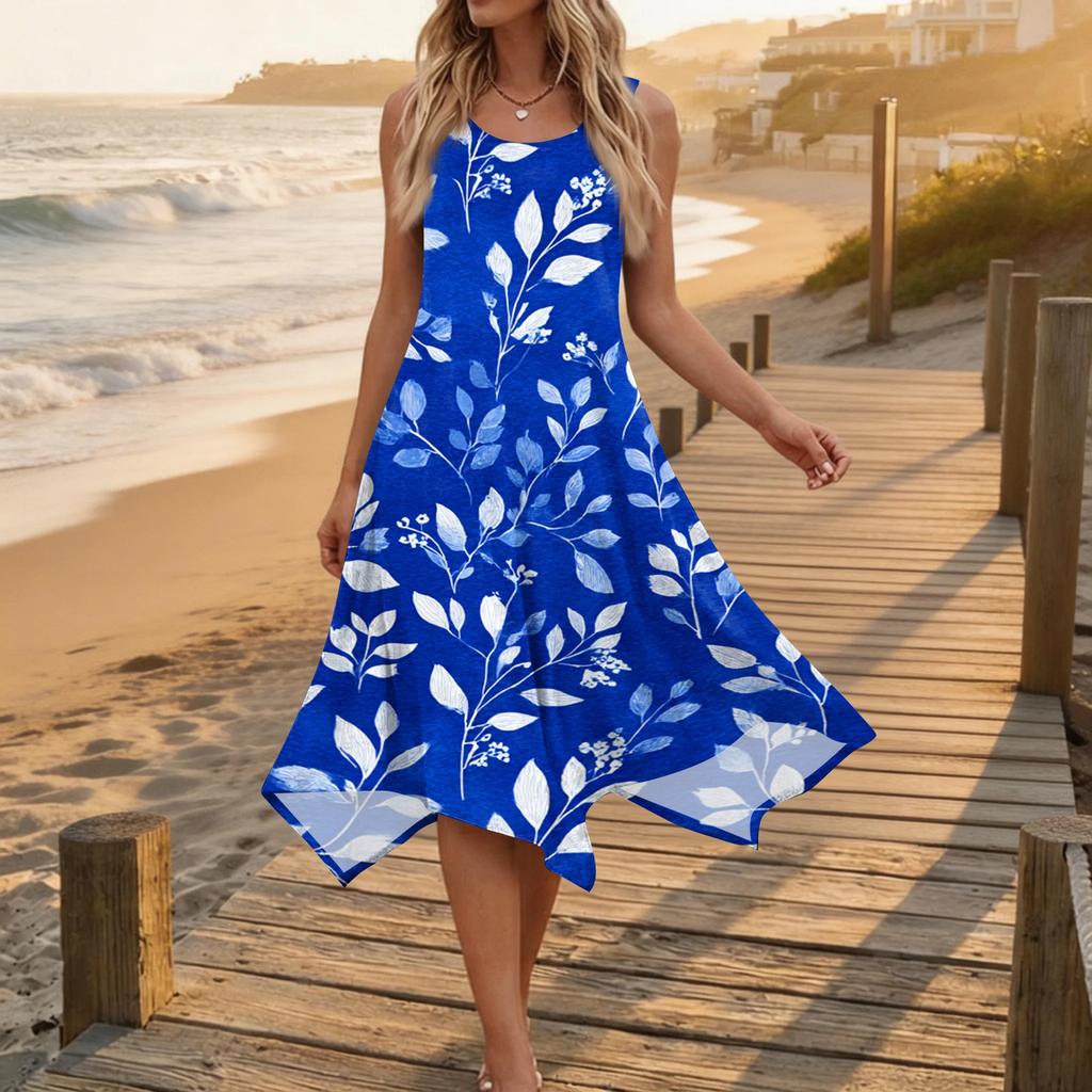 Women Casual Sleeveless Floral Print Dress Round Neck Irregular Hem Mid Length Summer Dress Lightweight Comfortable Fabric