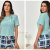New Women's 2 Piece Pajamas Sets Letter Short Sleeve Pullover Tops and Drawstring Plaid Shorts Casual T Shirt Loungewear Pjs Set