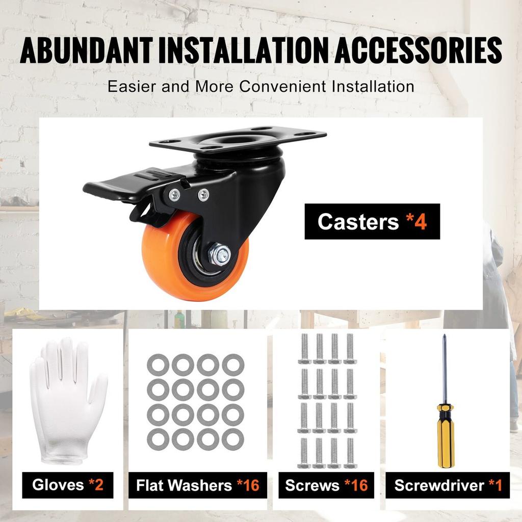 Caster Wheels, 2-inch Swivel Plate Casters, Set of 4, with Security Dual Locking No Noise PVC Wheels, Heavy Duty 150 lbs Load Capacity Per Caster,