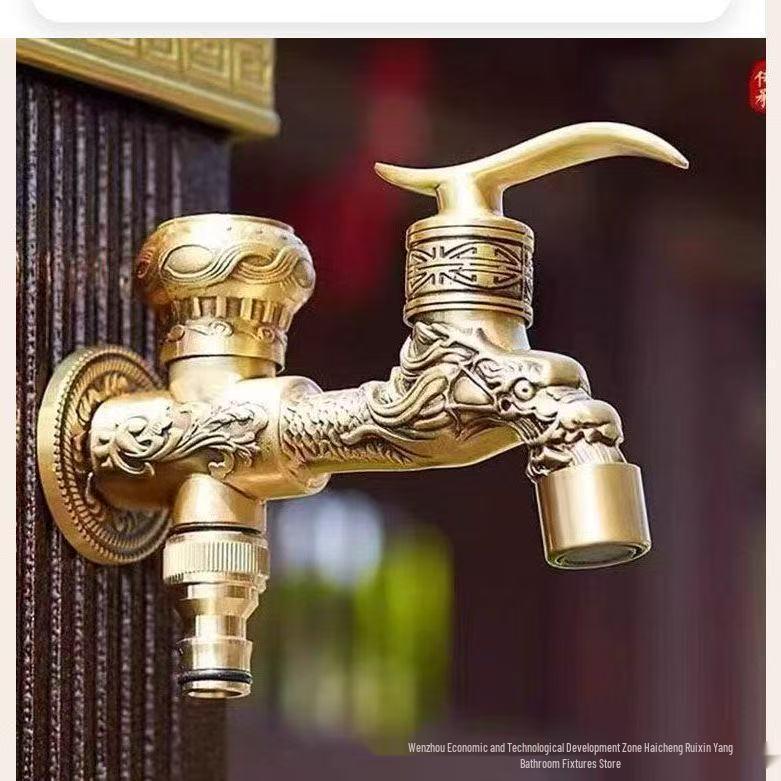 European Full Copper Outdoor Garden Double Outlet Rotatable Retro Faucet