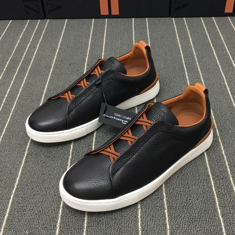 Mens Genuine Leather Slip-On Casual Sneakers With Elastic Band Comfortable Breathable Low-Top Flat Shoes