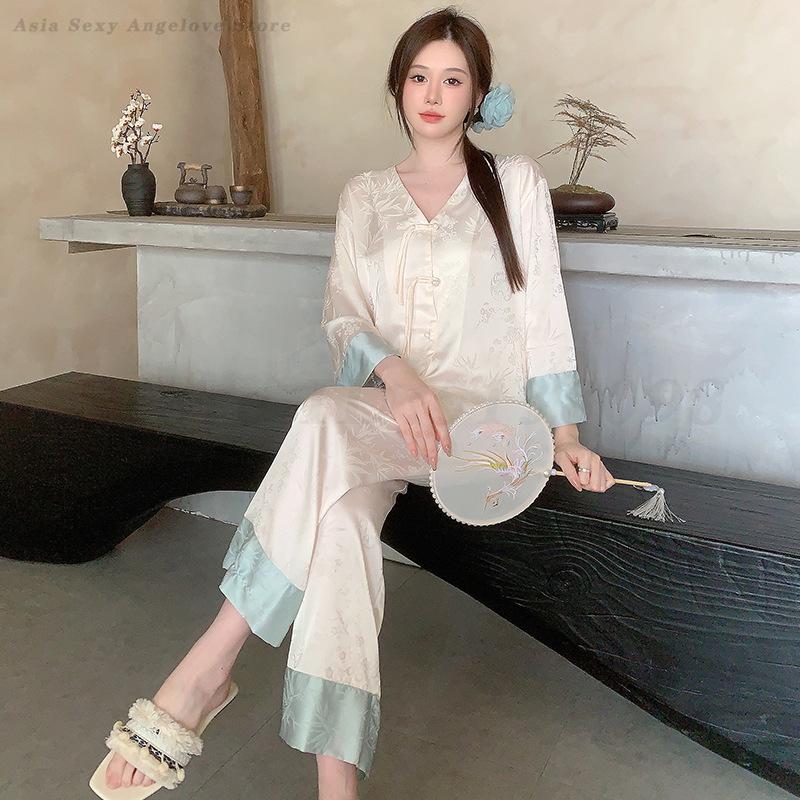 

Новый китайский стиль 2 шт пижамный комплект шелковый атлас с длинными рукавами брюки пижамный костюм весна лето ретро пряжка пижама домашняя одежда XL