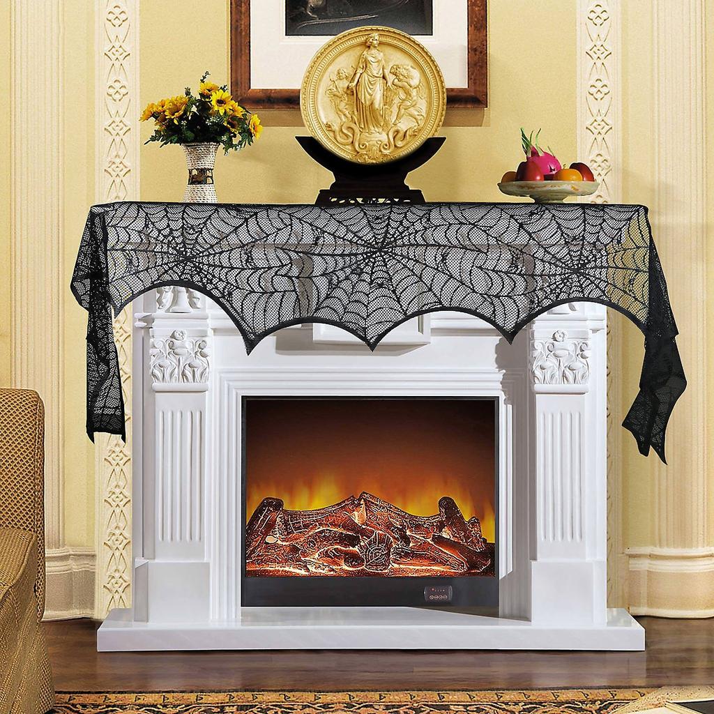 Halloween Lace Table Runner Black Spider Web Tablecloth Fireplace Cover Mantel Halloween Decor Door Curtain Home Party Props