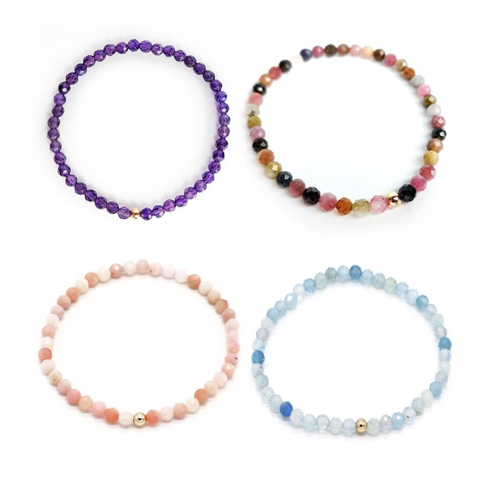 14K Gold Ball Natural Gemstone Bracelet 4mm 2-piece Set