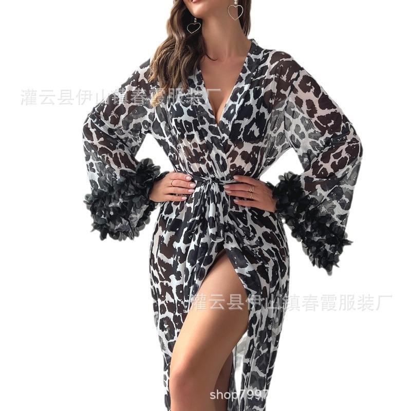Women's Long Sexy Pajamas Loungewear Leopard Print Cardigan French Long-sleeved Short-sleeved Autumn and Winter