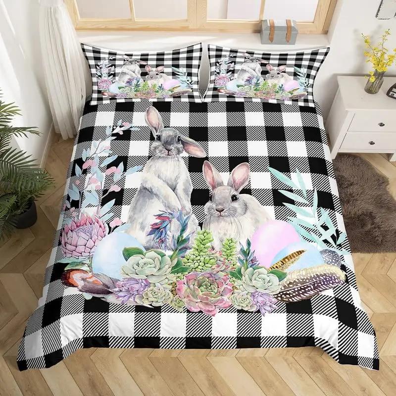 3D Nordic Style Black and White Grid Cute Animal Duvet Cover King Size Polyester Quilt Cover Pillowcases for Home Bedroom Decor