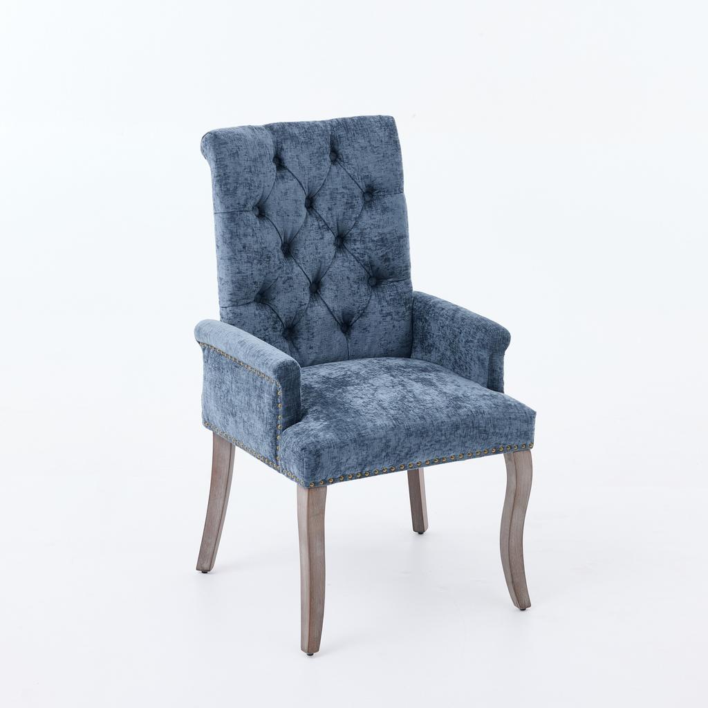 Upholstered Chenille Fabric Accent Dining Chair, Curved Solid Wood Legs, Elegant Tufted Dining Room Kitchen Arm Chair, Single Pack, Blue, DE1895BL