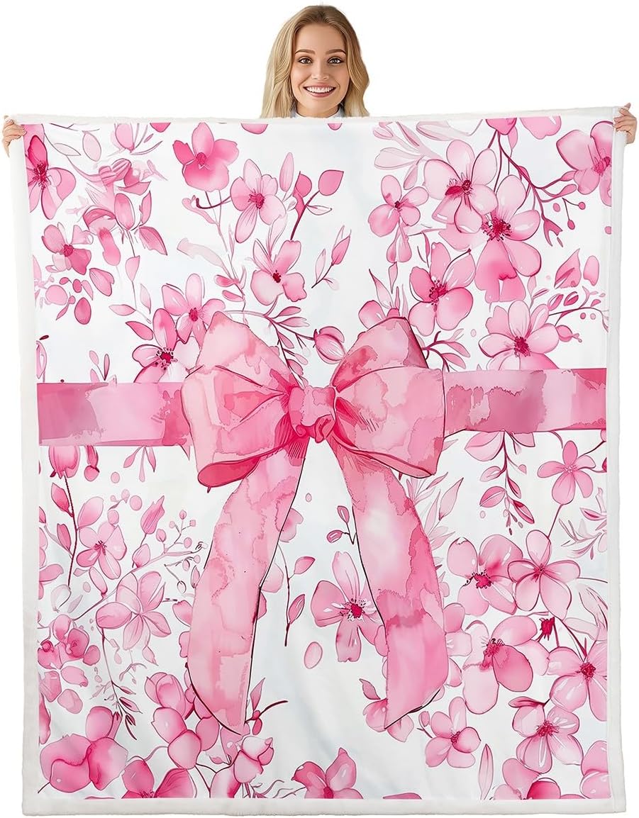 

Christmas Tree Sherpa Blanket Plush Fuzzy Pink Bows Fleece Throw Blanket Boys Girls Xmas Snowflake for Bed Couch Chair Living 75x90cm