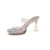 High Heels Women's Summer 2025 New Square Head Thin Heel Crystal Transparent Sandals One Word with Waterproof Table Slippers Women