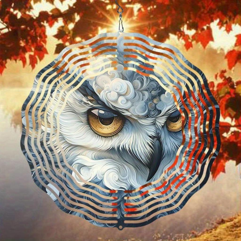 Klassisches Fantasy Eule Metall Windspiel Blau Weiß Kinetische Hängedekoration für Außen Garten Terrasse Weihnachten Thanksgiving Geschenk Kein Strom erforderlich