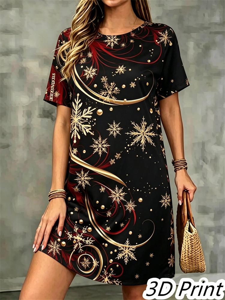 Fashion 3D Santa Claus Christmas Snowflakes Print Dress Loose Casual Short Sleeve O-Neck Mini Dress New Year Party Dress