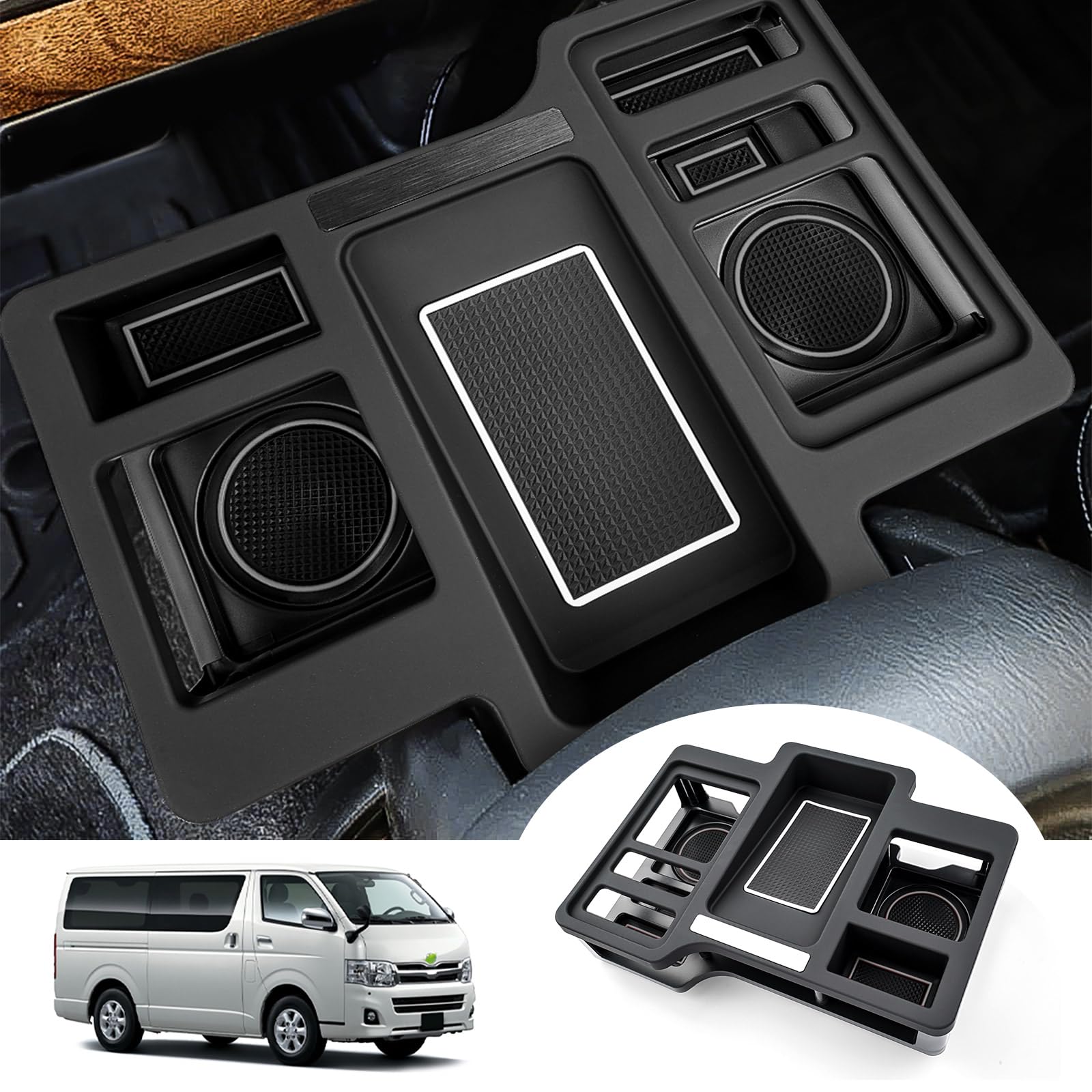 

Cartist Совместимый с Toyota Hiace 200 серии Улучшенная лента для большего количества подстаканников и расширенный ящик для хранения на центральной консоли с резиной для мелких предметов чёрный