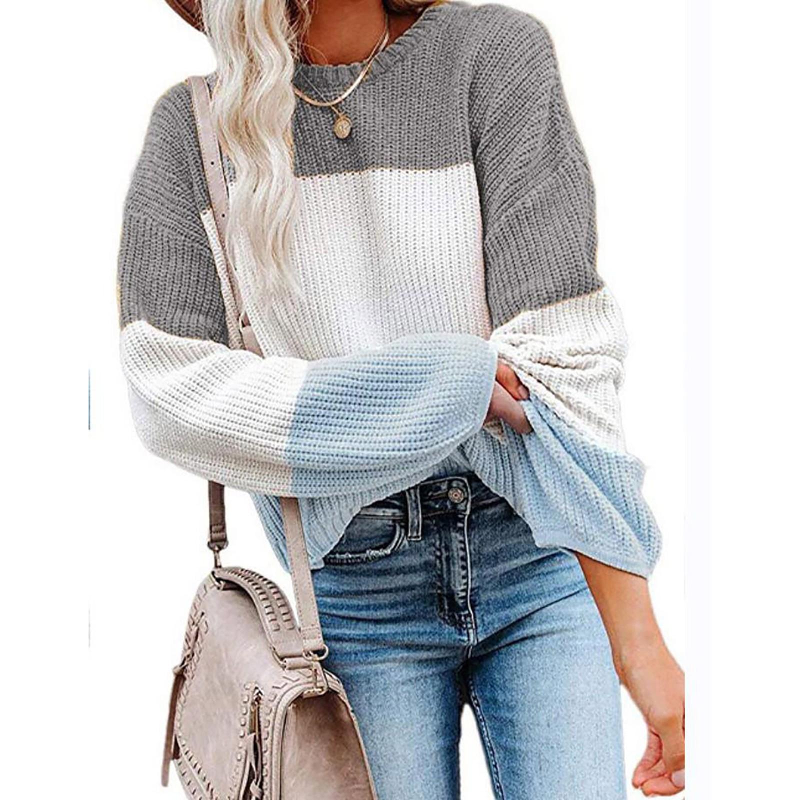 

Женская мода повседневный цветной пэчворк свитер длинный рукав пуловер свитер топ XL