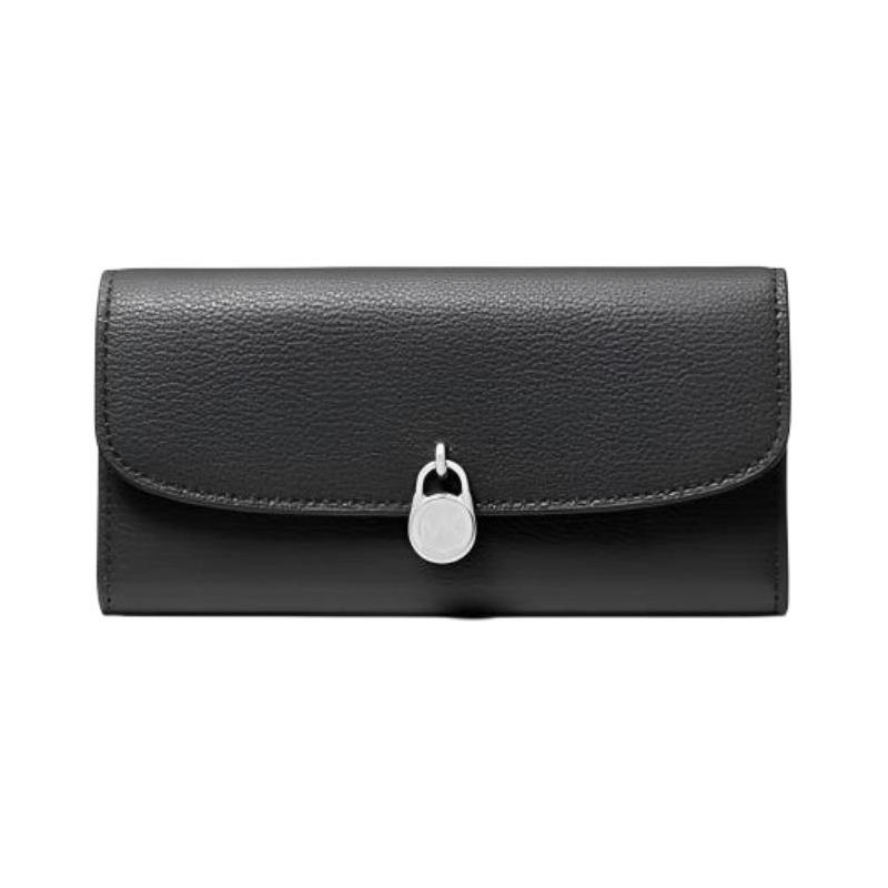 MICHAEL KORS Hamilton back slip pocket silver hardware leather wallet large size unisex couple style black чёрный