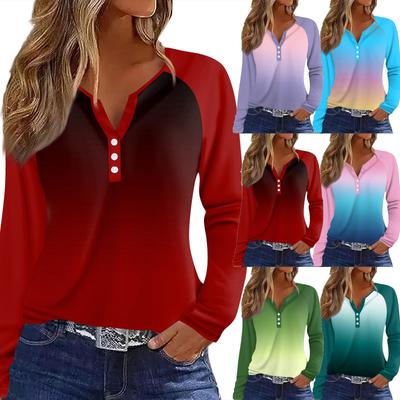 Damen T-Shirt Print Knopf Langarm Täglich Wochenende Mode Basic V-Ausschnitt Regulär Oberteil