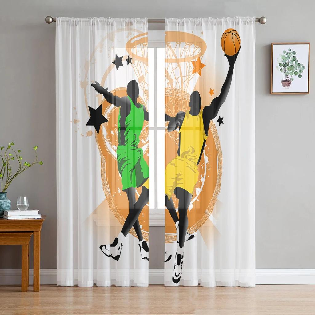 Ink Splash Basketball Sport Sheer Curtains Window Tulle Curtains For Living Room Bedroom For Kitchen Veiling Curtains Decoration