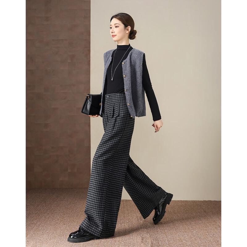 Demana Women's Warm High-Waist Pleated Plaid Wide-Leg Trousers