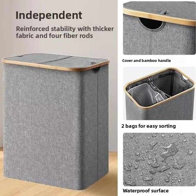 Collapsible Slim Laundry Hamper with Lid Bamboo Handles Removable Inner Bag Clothes Basket Bin Foldable Freestanding