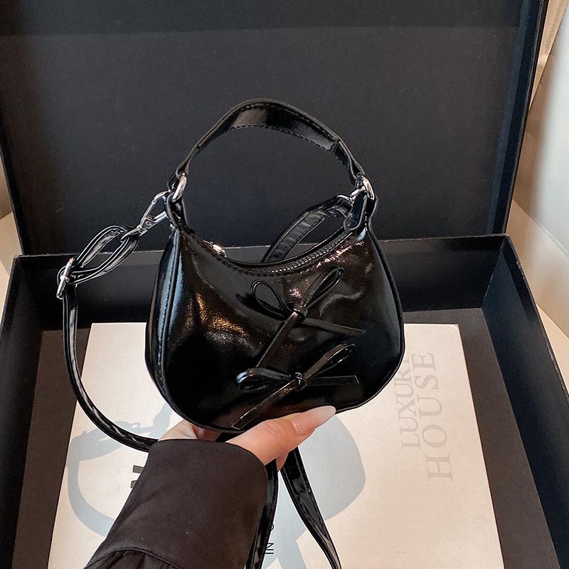 Cute Bowknot Shoulder Bag for Women Mini Hobo Bag Glossy Patent Leather Underarm Purse Vintage Y2K Crossbody Bag Sweet Girls Handbag