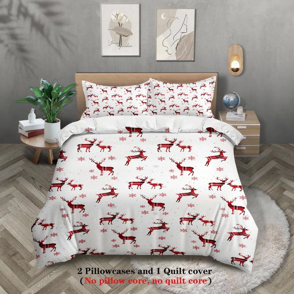 3-teiliges Bettbezug-Set mit Weihnachtsmotiv - Weicher, atmungsaktiver und hypoallergener Stoff - Kariertes Elch-Schneeflocken-Druckdesign, P