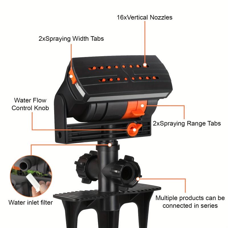 16-Hole Adjustable Oscillating Sprinkler with Solid Base - Automatic Swing Irrigation System for Lawns and Gardens, Black & Oran