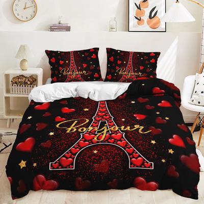 Love Eiffel Tower 3D Digital Printing Pattern Duvet Cover Pillowcase Bedroom Bedding Three-piece Set