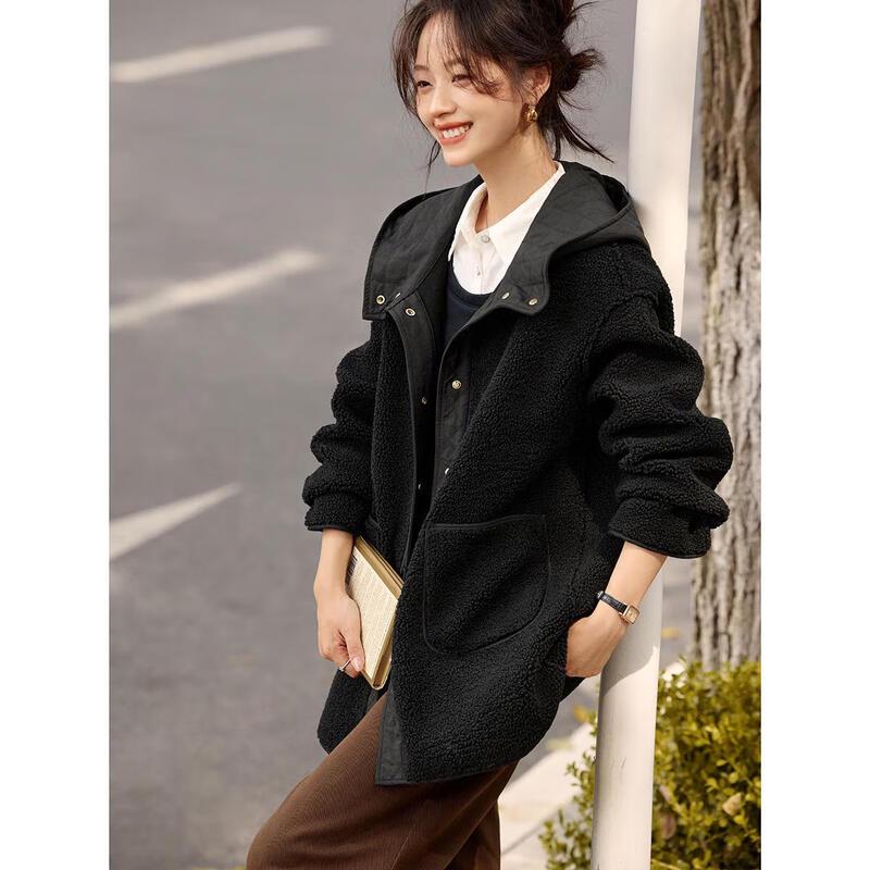 MOHANIMEI Korean Style Faux Lamb Wool Patchwork Hooded Jacket