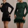 Vestido de lentejuelas con cuello redondo para mujer, mini, con ribete de plumas, manga larga, sexy, brillante, ajustado, bodycon, brillante, vestido de cóctel para fiesta de cumpleaños, noche de club